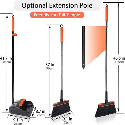 JEHONN Broom and Dustpan Set for Home, Long Handle Lightweight 180 Degree Rotating Broom Set Indoor, Upright Standing Dust Pan with Comb Teeth, Store Sweep Set for Room Kitchen Office Lobby