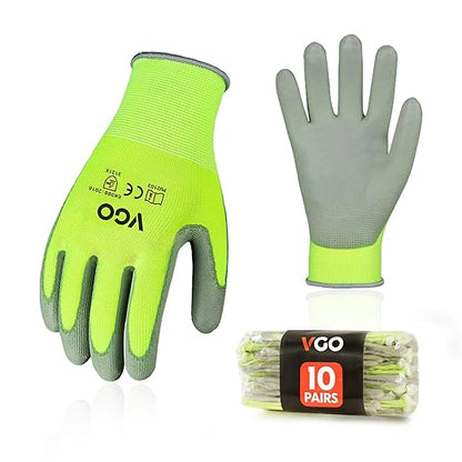 Vgo... 10-Pairs Safety Work Gloves, Gardening Gloves, Polyurethane Coated, Dipping Gloves, Latex Free (Size M, Yellow, PU2103)