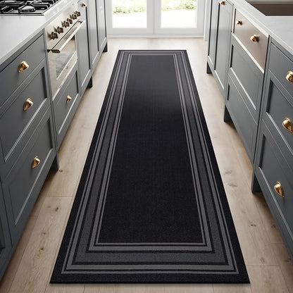 Beverly Rug Non Slip Area Rugs 2x7 Modern Bordered Non Skid Rubber Backing Soft Runner Rug for Living Dining Room Easy to Clean Non Shedding Kitchen Bedroom Indoor Carpet 2 x 7 Black
