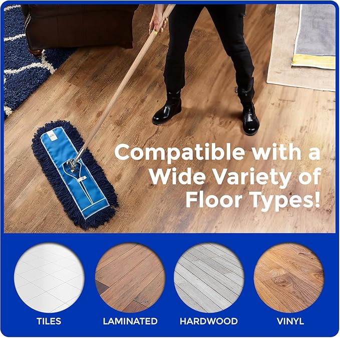 Nine Forty 24" Premium Nylon Dust Mop with Wood Handle - Heavy Duty Mop Head for Industrial, Commercial, and Residential Cleaning - Dry Floor Duster for Hardwood Surfaces and Commercial - Blue