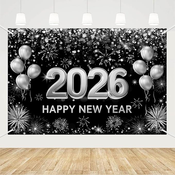 MEHOFOND 7x5ft Black and Silver 2026 Happy New Year Backdrop Hello 2026 New Year Eve Party Photography Background Balloon Fireworks Glitter Dots Cheers to 2026 Decor Banner Photo Booth Props