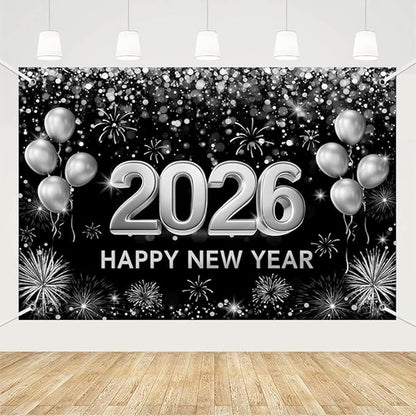 MEHOFOND 7x5ft Black and Silver 2026 Happy New Year Backdrop Hello 2026 New Year Eve Party Photography Background Balloon Fireworks Glitter Dots Cheers to 2026 Decor Banner Photo Booth Props