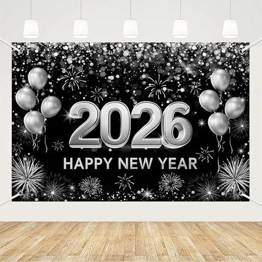 MEHOFOND 7x5ft Black and Silver 2026 Happy New Year Backdrop Hello 2026 New Year Eve Party Photography Background Balloon Fireworks Glitter Dots Cheers to 2026 Decor Banner Photo Booth Props