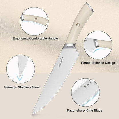 Kuisine Chef Knife Set,High Carbon Stainless Steel Block Knife Set,Knife Block Set with Built-in Sharpener,Sharp Knife Set Forged,Elegant Gift(Ivory,15pcs）