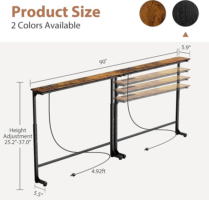 GRLEAF 2 Pack Adjustable Height Narrow Console Table with Power Outlets, 90" Long Sofa Table with Charging Station Behind Couch Table Entryway Table for Living Room and Hallway – Rustic Brown