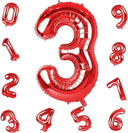 Red Number Balloons, 40 inch Large Number 3 Foil Mylar Helium Balloons for Girls Women, Self Inflating Number Balloons 0-9 for Men Boys 13th 30th Birthday Anniversary Party Celebration Decoration