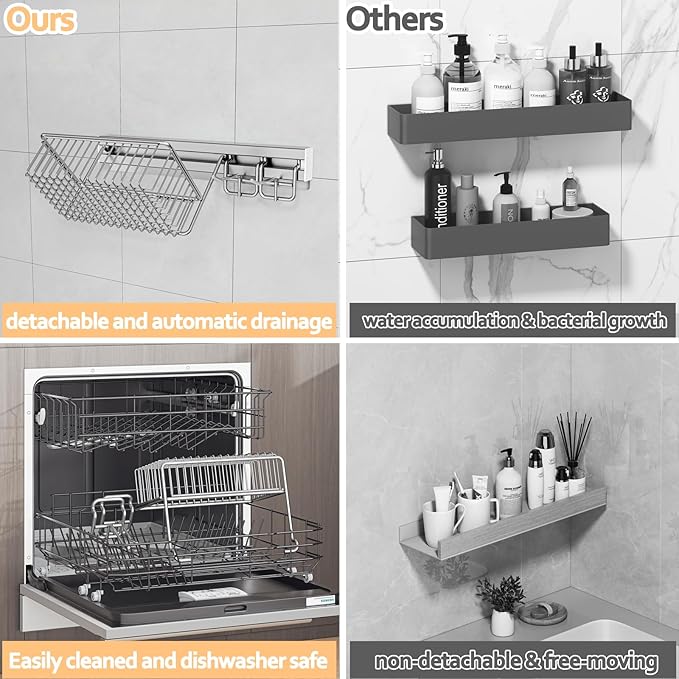 MINGLING Shower Caddy Hanging with Wall Back Crossbar, Rustproof 304 Stainless Steel Shower Organizer, Adhesive Bathroom Wall Storage Basket for Kitchen and Home Decor