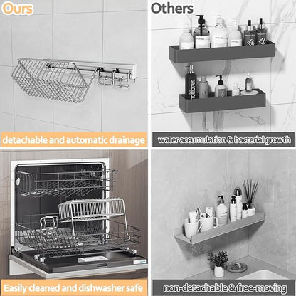 MINGLING Shower Caddy Hanging with Wall Back Crossbar, Rustproof 304 Stainless Steel Shower Organizer, Adhesive Bathroom Wall Storage Basket for Kitchen and Home Decor