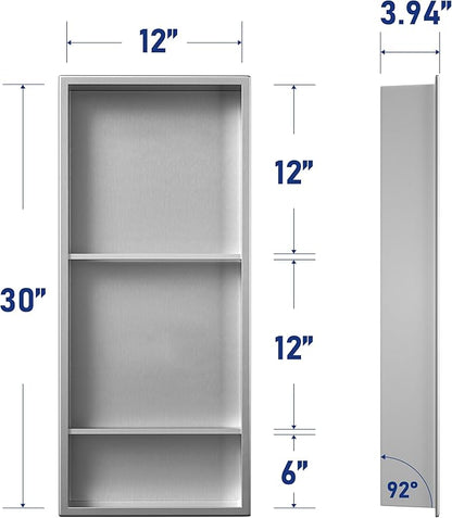 Stainless Steel Shower Niche 30" X 12" Brushed with 3-Tier Shelves No Tile Needed Niche Shower for Bathroom Storage Recessed Shower Shelf