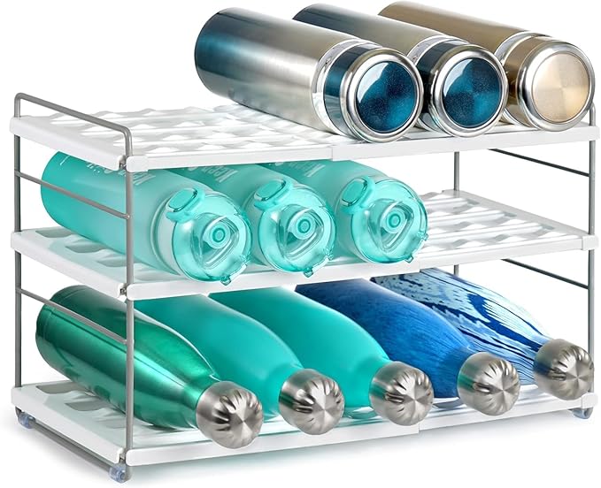Water Bottle Organizer For Cabinet, Expandable Water Bottle Holder Rack, Adjustable Tumbler Storage For Kitchen Organization, 3 Tier Cup Organizer For Sports Flask Insulated Travel Mug Fridge, White