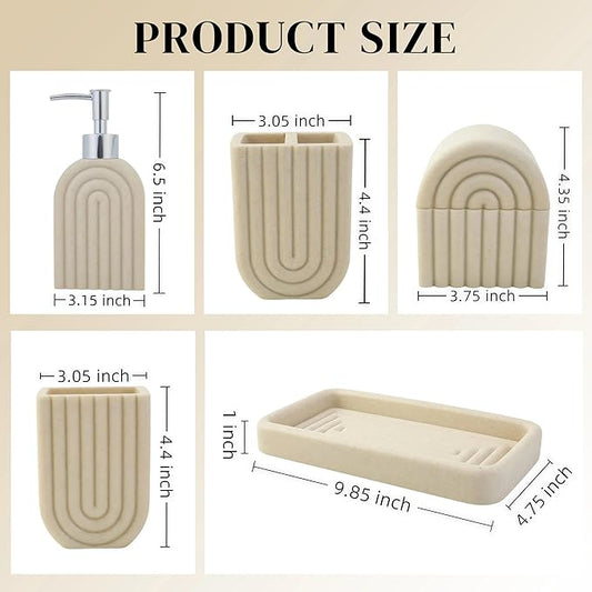 Bathroom Accessory Set, 5 Pcs Bathroom Essentials Sets Accessories, Soap Dispenser Set, Toothbrush Holder, Vanity Tray, Tumbler, Cotton Swab Jars, Bathroom Organizer for Modern Bathrooms(Beige)