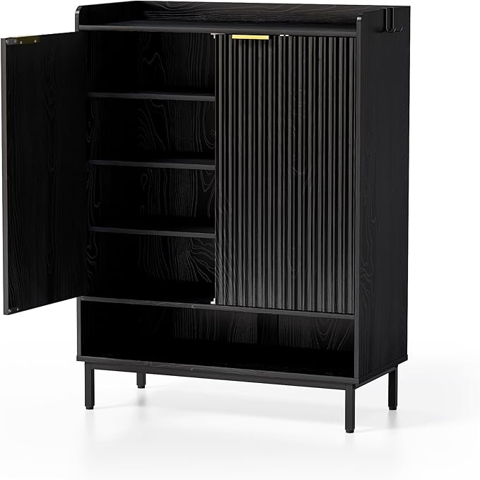 Fluted Shoe Cabinet with Doors, Large Wooden Shoe Storage Cabinet with Hanging Rod, Modern Tall Freestanding Shoe Rack Organizer for Entryway, Hallway Black