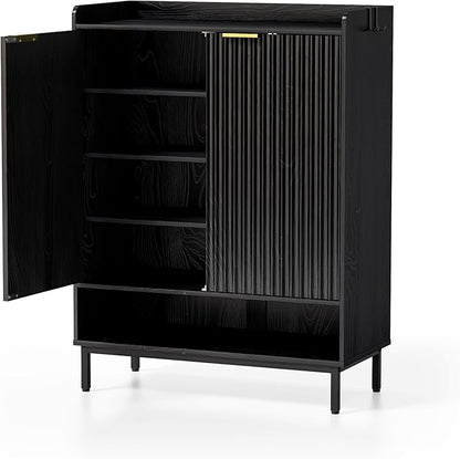 Fluted Shoe Cabinet with Doors, Large Wooden Shoe Storage Cabinet with Hanging Rod, Modern Tall Freestanding Shoe Rack Organizer for Entryway, Hallway Black