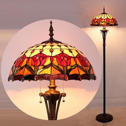 Tiffany Floor Lamp Red Amber Stained Glass Tulip Flower Standing Reading Light 16X16X70 Inches Antique Pole Corner Lamp Decor Bedroom Office Living Room