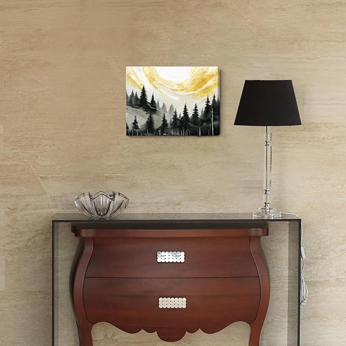 ARTZON Black Wall Art – Abstract Forest Sunrise Landscape Canvas Print, Mountain Retro Foggy Pine Tree Nature Picture, Vintage Decorative Small Moody Artwork for Bathroom or Bedroom, 16x12 Inch