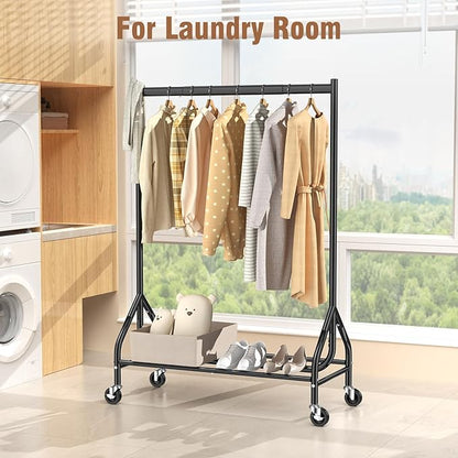 EAGMAK Heavy Duty Clothes Rack Load 420 LBS, Rolling Garment Rack with Lockable Wheels, Standing Metal Clothing Rack with Shelves, Portable Wardrobe Sturdy Coat Rack for Hanging Clothes (Black)