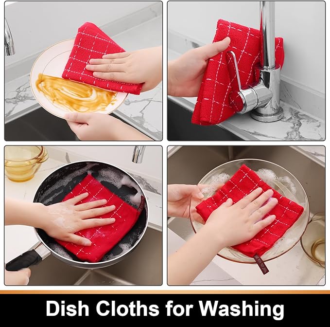 Mordimy 100% Cotton Terry Cloth Dish Cloths, Soft and Absorbent Checkered Dish Towels, Quick Drying Dish Rags for Washing Dishes, 6 Pack, 12 x 12 Inches, Red