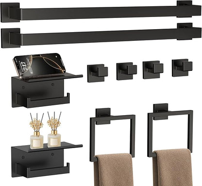 10-Piece 23.6 Inch Matte Black Bathroom Hardware Accessories Set, Bath Towel Bar Set, SUS304 Stainless Steel Toilet Paper Holder with Shelf, Towel Hooks, Towel Rings Wall Mounted