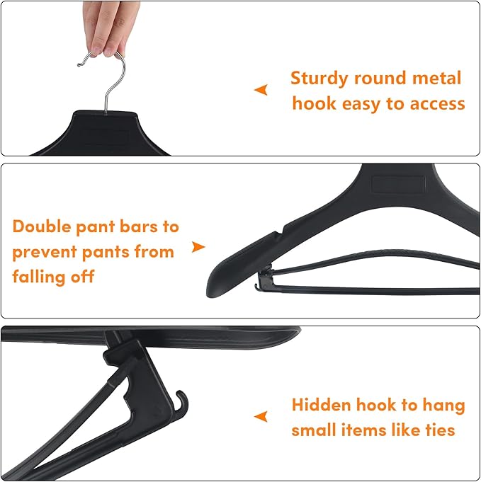 DEDU Suit Hangers for Men 100 Pack, Black Coat Hangers Extra Wide Non Slip Width 17.7", Thick Plastic with Pants Bar & Metal Hook