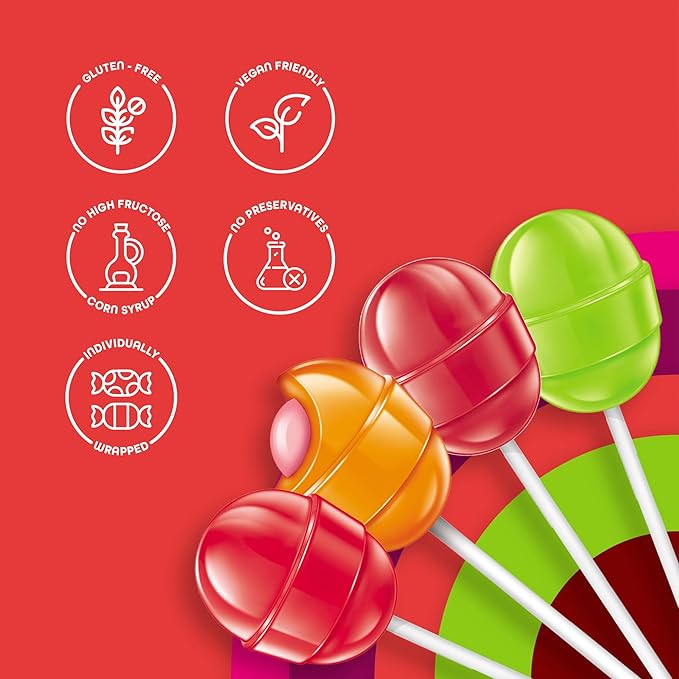 Colombina Bon Bon Bum Lollipops w/Bubble Gum Center, Assorted Flavors, Individually Wrapped, Ideal for Party Favors and Gifts, 1 Pack (24 Count)