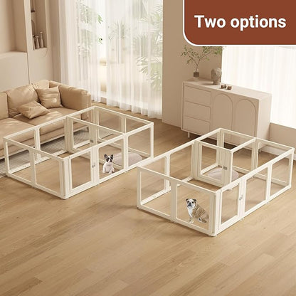 Transparent 12-Panel Dog Playpen, Acrylic Indoor/Outdoor Puppy Pen for Small & Medium Dogs, 24 Inch with Door, White(Fully Transparent 74 * 50 Two Rooms,24 inch)