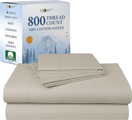 California Design Den Cal King Sheet Set Cotton - Luxury 800 Thread Count, 100% Cotton Sateen - California King Sheets Deep Pockets Bedding Set, Cooling & Softer Than Egyptian Cotton Sheets (Beige)