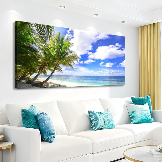 weiyiart Large Canvas Wall Art Blue Ocean Canvas Wall Art Summer Ocean Waves Coconut Trees on Sands Beach Seascape Painting Sea Nature Pictures for Living Room Home Office Wall Decor