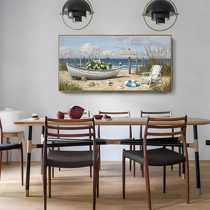 amatop Giant Framed Beach Wall Art Large Nautical Seaside Canvas Print Flower Boat Ocean Horizontal Landscape Picture Sea Birds Artwork for Coastal Farmhouse Living Room Bedroom Office Decor 58×29 Inch