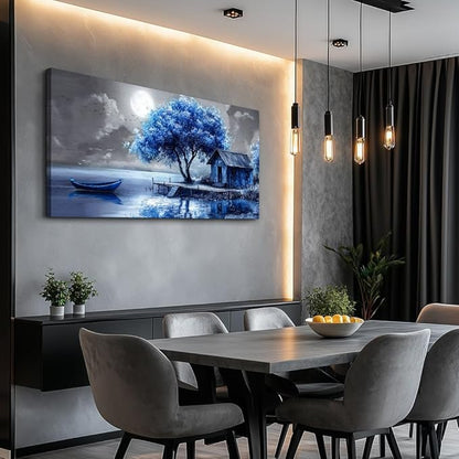 QIYILEXWART Large Wall Decor For Living Room Canvas Wall Art For Office Modern Wall Decorations For Bedroom Blue Tree Landscape Painting Abstract Pictures Artwork Room Home Decor 24x48 In