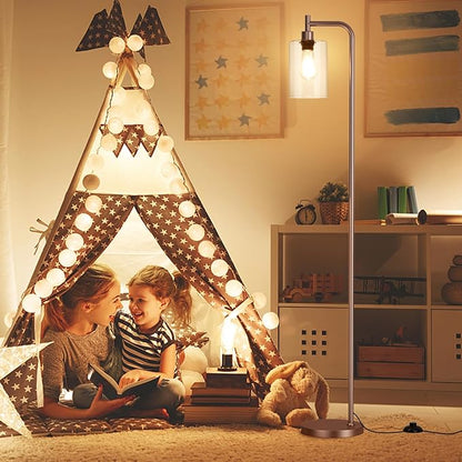 Floor Lamps for Living Room - Industrial Standing Lamp with Glass Shade, Modern Floor Lamp with LED Bulbs, Farmhouse Floor Lamp for Bedroom, Tall Lamp for Office - Brown