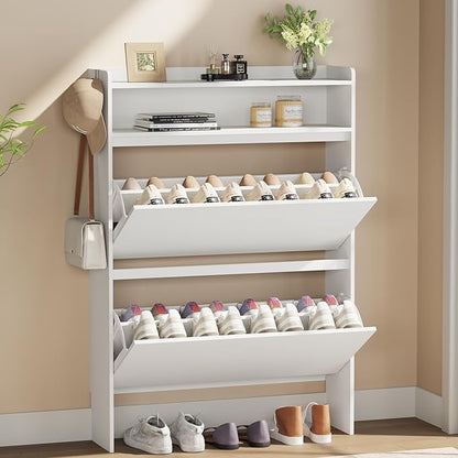 Shoe Cabinet Organizer with 2 Flip Drawers，Freestanding Shoe Rack Cabinet, Shoe Cabinet Storage for entryway, Foyer, Hallway, White, 31.5" W