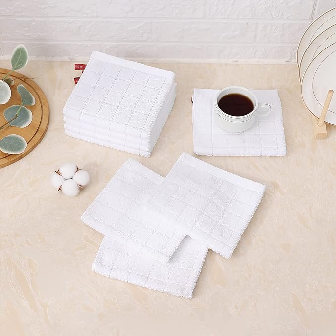 Mordimy 100% Cotton Terry Cloth Dish Cloths, Soft and Absorbent Checkered Dish Towels, Quick Drying Dish Rags for Washing Dishes, 8 Pack, 12 x 12 Inches, White
