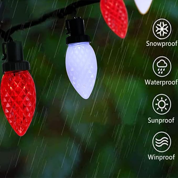 KAQ C9 Christmas Lights 2PK 100 LED 98ft Extendable Waterproof Christmas Lights Green Wire String Lights, Outdoor Xmas Light for Patio Wedding Party Christmas Decorations (Red & Cool White)