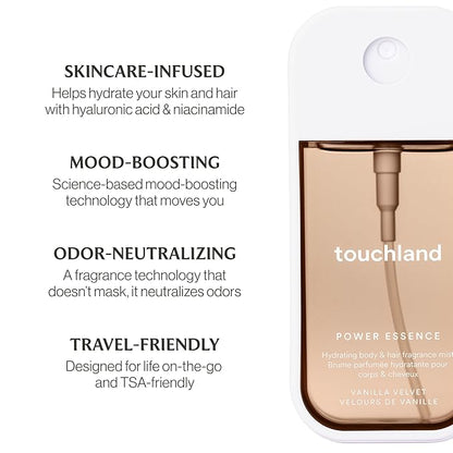 Touchland SWEET RUSH Body and Hand Mist Essentials (Vanilla Velvet Body & Hair Fragrance Mist, 2 FL. OZ. + Wild Watermelon Power Mist Hydrating Hand Sanitizer Spray 1 FL. OZ.), Travel Size Set