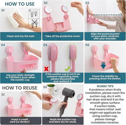 TAILI Shower Caddy Suction Cup 2 Pack, Heavy Duty Bathroom Organizer, Removable Shelves for Inside Shower, Shampoo, Waterproof Suction Plastic Storage for Bathroom Accessories Holder, Pink