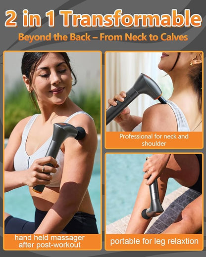 Convertible Massage Gun Deep Tissue for Back Neck Muscle Pain Relief - Electric Handheld Percussion Shoulder Massager Tool with Detachable Long Handle Portable Case