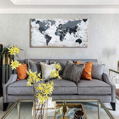 World Map Canvas Wall Art Decor Black Wall Decor Office World Map Wall Art World Pictures for Living Room Wall Decoration Map of the world Picture Framed Artwork Decor for Home Bedroom Decoration