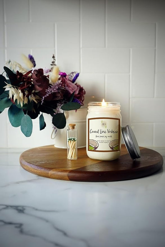 Aira Soy Candle – Coconut Lime Verbena – 12 oz Mason Jar – Hand-Poured USA – Long-Lasting Vegan Soy Wax Candle – Fresh Tropical Citrus Aroma – Paraffin-Free, Kosher, Cruelty-Free