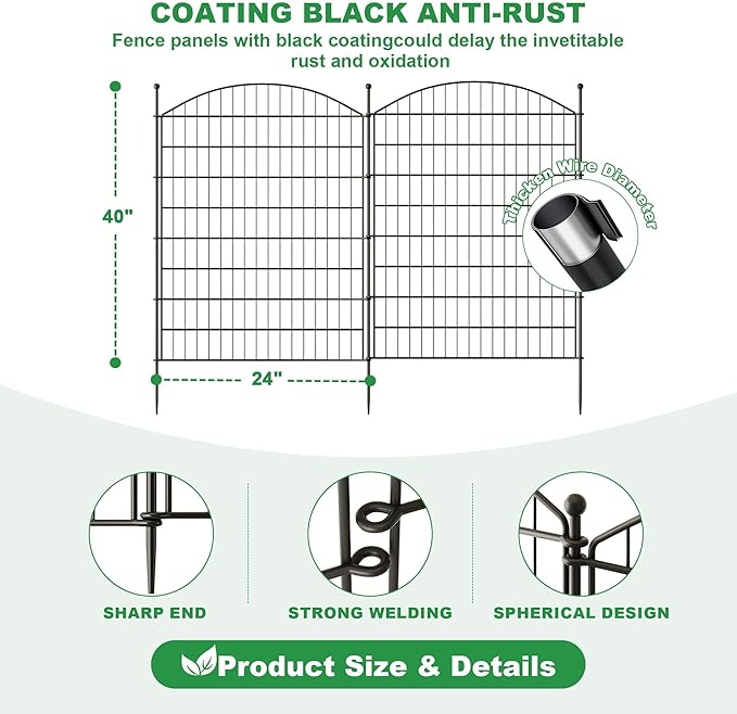 40 in(H) x24 Ft(L) No Dig Heavy Duty Metal Fence - 10 Panels Thick Rust-Resistant Decorative Fence Posts for Yard Security, Garden, Lawn, Farm and Poultry (Black)