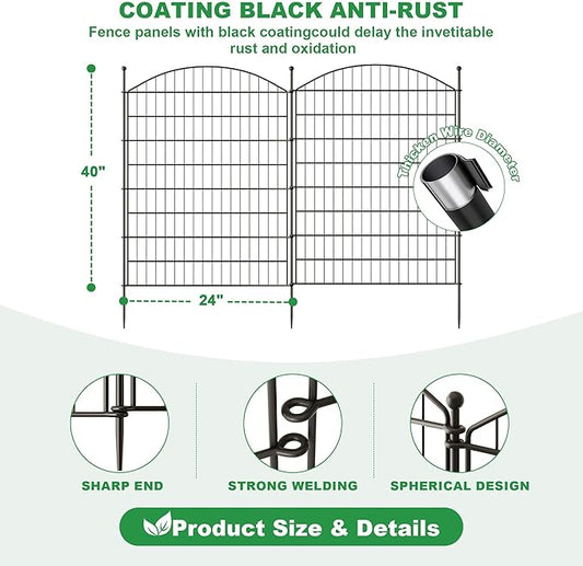 40 in(H) x24 Ft(L) No Dig Heavy Duty Metal Fence - 10 Panels Thick Rust-Resistant Decorative Fence Posts for Yard Security, Garden, Lawn, Farm and Poultry (Black)