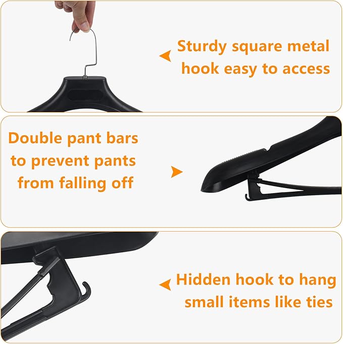 DEDU Suit Hangers for Men 30 Pack Width 17.7", Black Coat Hangers no Shoulder Bump Non Slip for Thick Sweaters, Plastic Extra Wide Shoulder with Pants Bar & Metal Hook