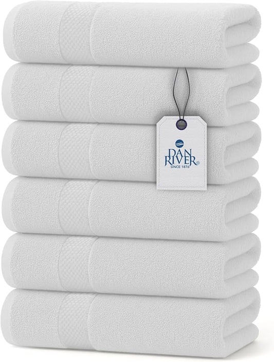 DAN RIVER 6-Pack Premium Hand Towels (16x28 Inches) - 100% Cotton, Ultra Soft, Lightweight, Highly Absorbent Towels for Bathroom, Spa, Gym, Salon, Hotel, and Travel - 550 GSM – White