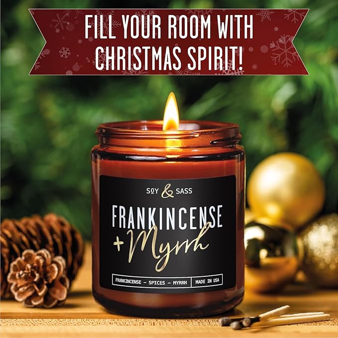 Frankincense and Myrrh Candle, Christmas Candles Scented - w/Spices, Frankincense & Myrrh - Infused with Essential Oils I Frankincense Candle I 9oz, 50Hr, Made in USA