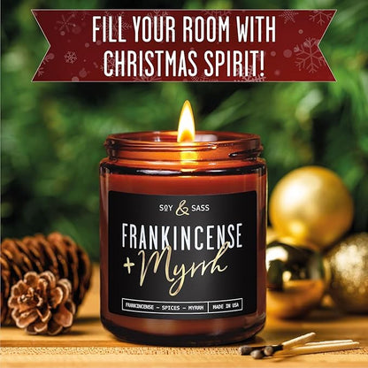 Frankincense and Myrrh Candle, Christmas Candles Scented - w/Spices, Frankincense & Myrrh - Infused with Essential Oils I Frankincense Candle I 9oz, 50Hr, Made in USA