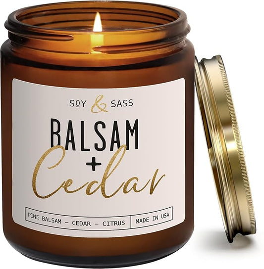 Balsam Candle, Christmas Candles Scented - 'Balsam + Cedar' Soy Candle, w/Balsam Fir, Cedar & Citrus - Infused with Essential Oils I Balsam Fir Candles I 9oz, 50Hr, Made in USA