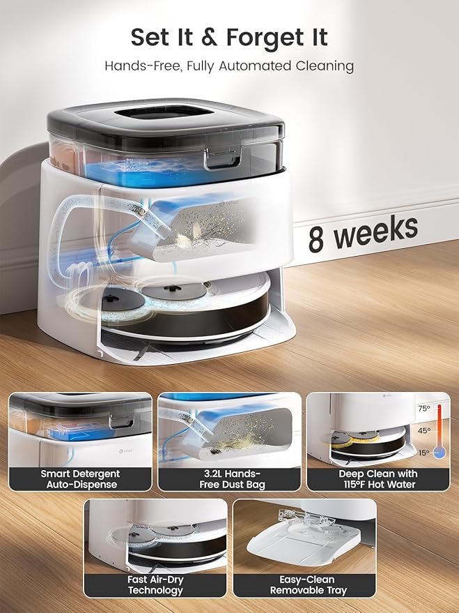 Lefant M3 Robot Vacuum, Robot Vacuum and Mop, 12000Pa Suction, Anti-Tangle Brushes, Dual Spinning Mop, Auto Mop Washing, Drying, Self-Emptying, Self-Refilling, for Pet Hair Dust, App Voice Control