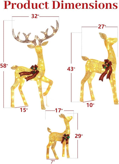 3-Piece Large Lighted Christmas Deer Family Set, Christmas Indoor and Outdoor Decoration with 225 Warm White LED Lights, Ground Pegs, Cable Ties. Suitable for Patio Lawn Garden Party-Cold