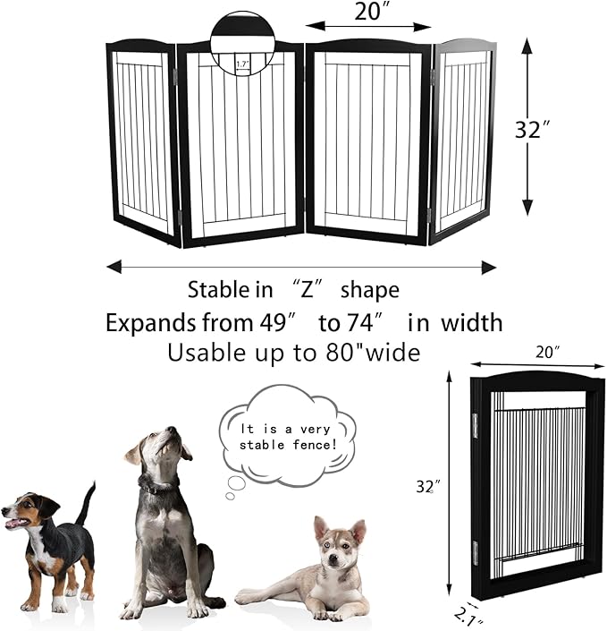 ZJSF Freestanding Foldable Dog Gate for House Extra Wide Wooden Black Indoor Puppy Gate Stairs Dog Gates Doorways Tall Pet Gate 4 Panels Fence