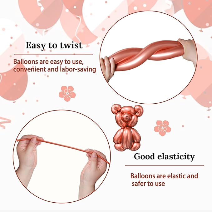 KAWKALSH 260 Metallic Rose Gold Long Balloons for Balloon Garland Thickening Skinny Latex Twisting Animals Modeling Christmas Birthday Wedding Party Festival Decorations 100pcs
