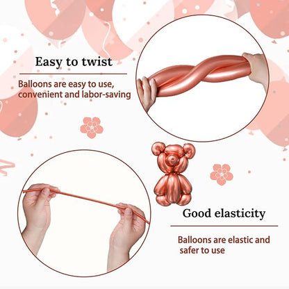 KAWKALSH 260 Metallic Rose Gold Long Balloons for Balloon Garland Thickening Skinny Latex Twisting Animals Modeling Christmas Birthday Wedding Party Festival Decorations 100pcs